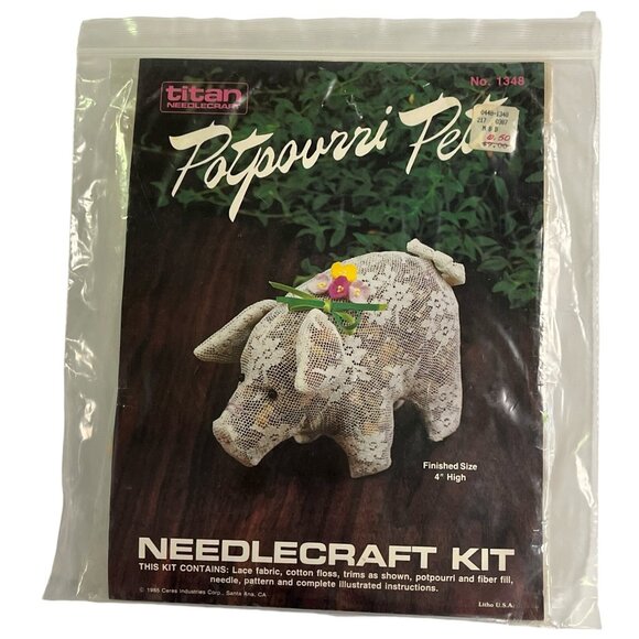 Vintage Titan Needlecraft Kit Potpourri Pets Pig Kit Lace 1348 4" 1985 NOS - Picture 1 of 5